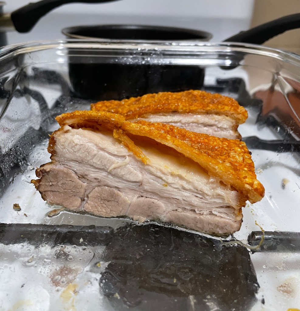 Cross section of pork belly cooked in the air fryer